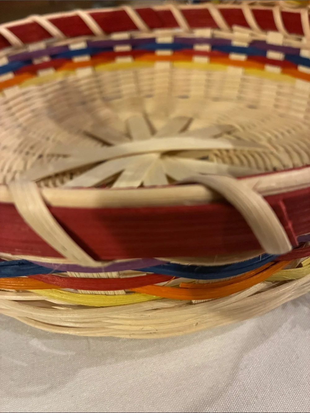 Handwoven Tortilla Basket Natural Wicker Basket Multicolor Accent Lid Wood Knob
